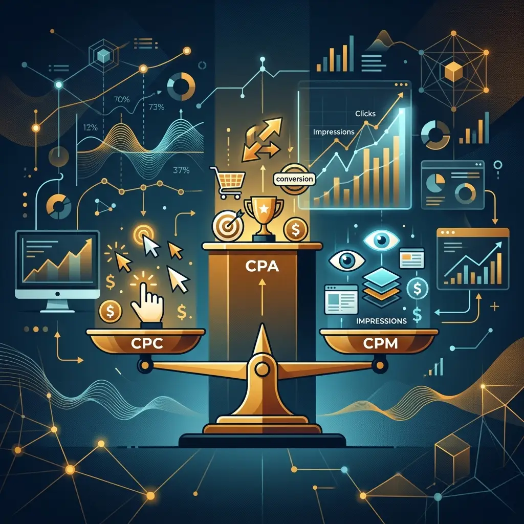Abstract icons representing clicks, impressions, and conversions