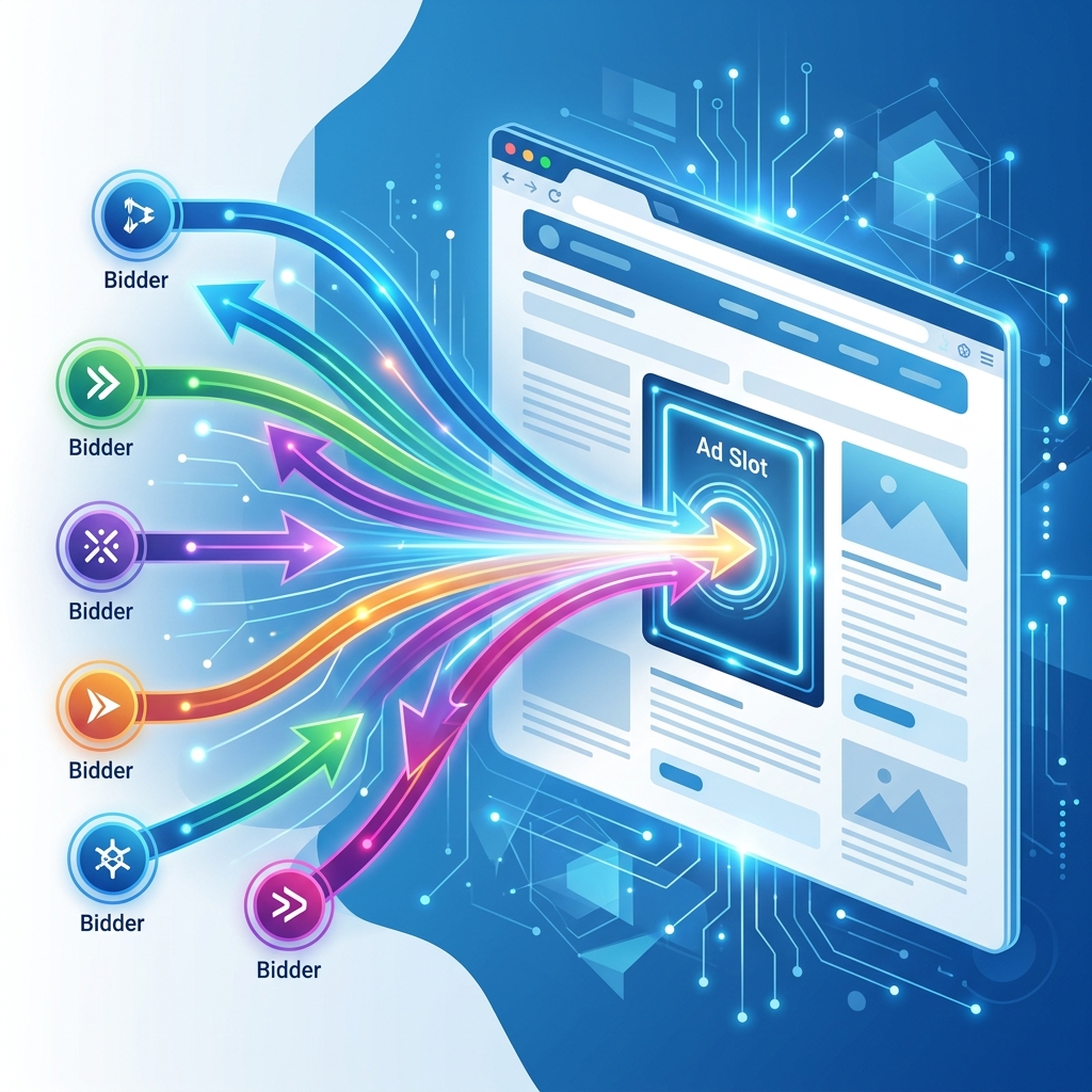 Abstract illustration of multiple bidding arrows converging