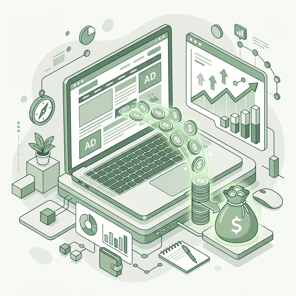 Isometric illustration of a laptop with ad slots and revenue coins
